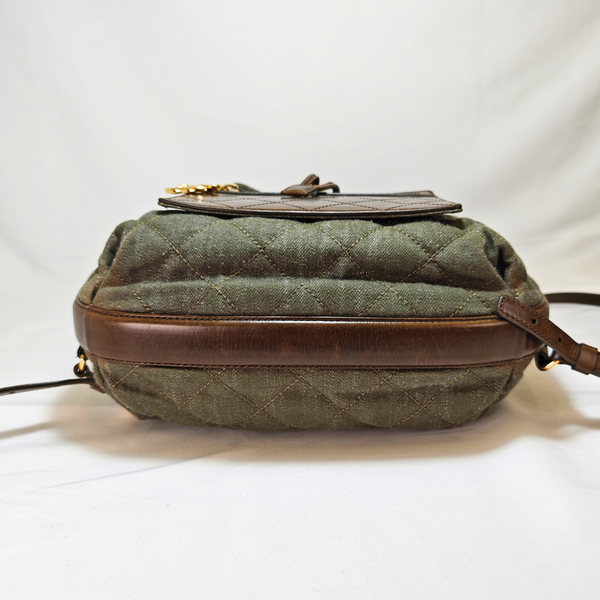 Load image into Gallery viewer, CHANEL Khaki / Brown Quilted Denim and Leather CC Backpack