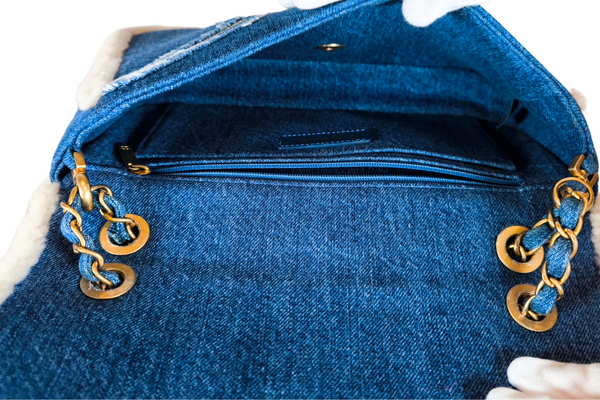 Load image into Gallery viewer, CHANEL Egyptian Hieroglyph Flap Bag Denim and Shearling Medium