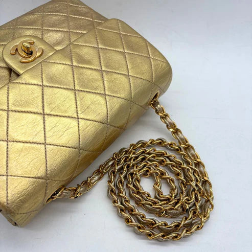 将图片加载到图库查看器,CHANEL Vintage Gold Lambskin 20cm Mini Square Flap Bag