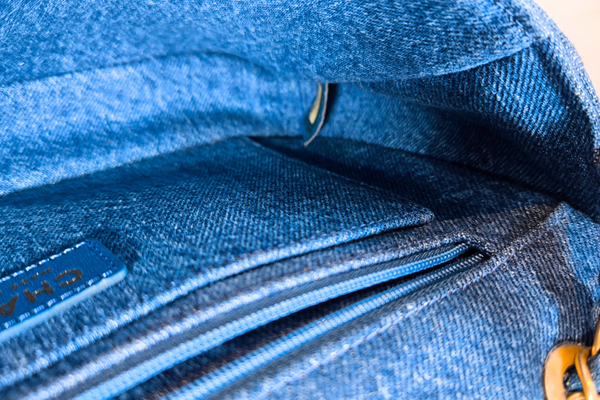 Load image into Gallery viewer, CHANEL Egyptian Hieroglyph Flap Bag Denim and Shearling Medium