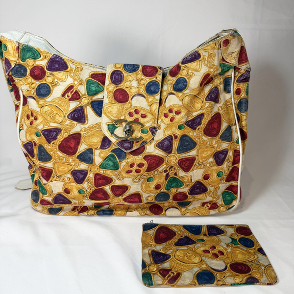 Load image into Gallery viewer, CHANEL Vintage Gripoix Large Canvas and Leather Shoulder Bag 1980s