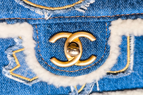 Load image into Gallery viewer, CHANEL Egyptian Hieroglyph Flap Bag Denim and Shearling Medium