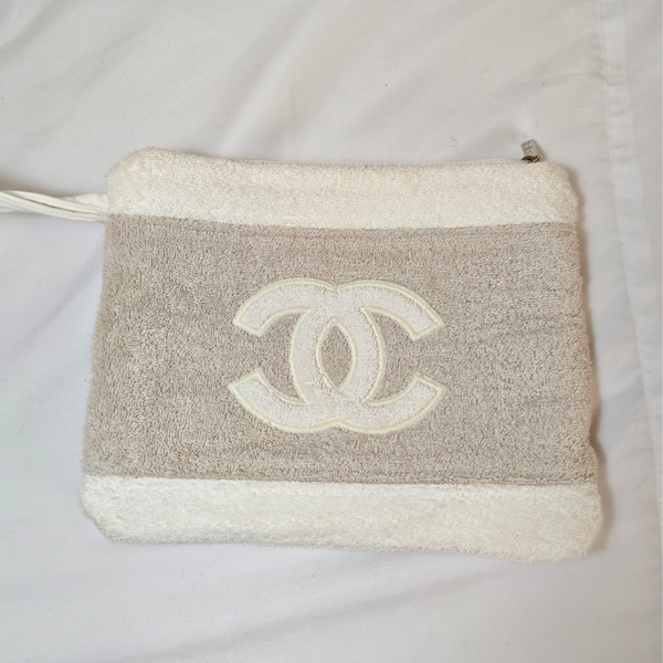 将图片加载到图库查看器,CHANEL Cotton CC Beach Tote Towel Bag Beige White