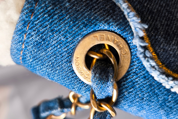 Load image into Gallery viewer, CHANEL Egyptian Hieroglyph Flap Bag Denim and Shearling Medium