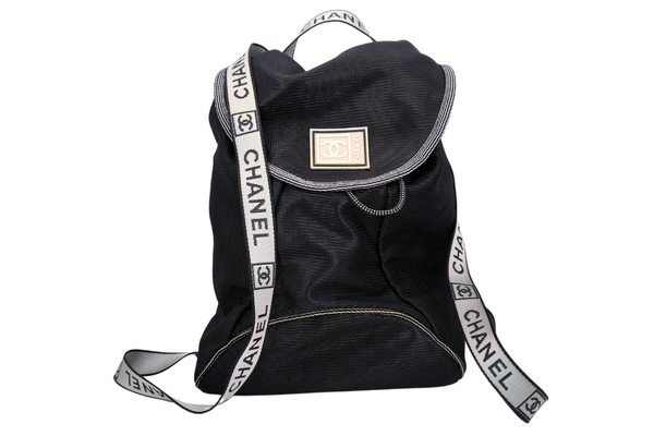 Load image into Gallery viewer, CHANEL Sport Line  Black Mesh Gray Logo  Play Strap Backpack