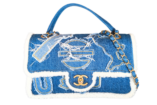 Load image into Gallery viewer, CHANEL Egyptian Hieroglyph Flap Bag Denim and Shearling Medium
