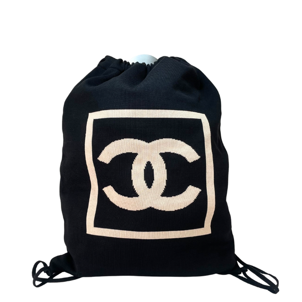 将图片加载到图库查看器,CHANEL 2003 Sport Line Cotton Drawstring Backpack Black Beige CC Logo