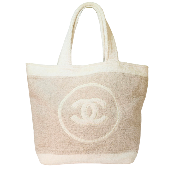 将图片加载到图库查看器,CHANEL Cotton CC Beach Tote Towel Bag Beige White