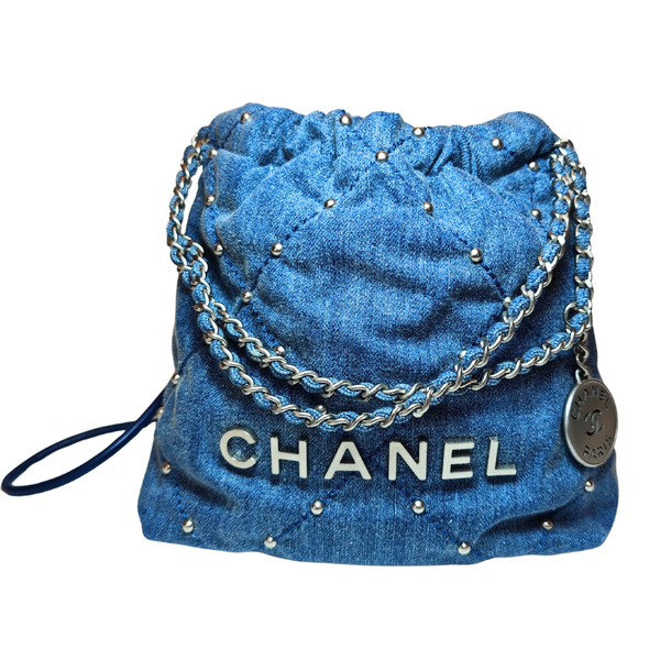 将图片加载到图库查看器,CHANEL 22 Chain Quilted Studded Denim Mini hobo bag
