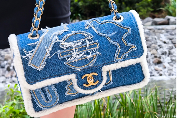 Load image into Gallery viewer, CHANEL Egyptian Hieroglyph Flap Bag Denim and Shearling Medium