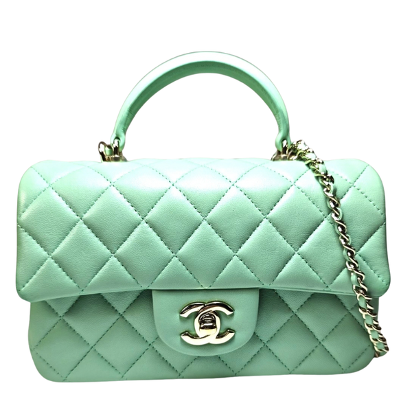 Load image into Gallery viewer, CHANEL Matelasse Top Handle Mini Flap Bag Light Green AS2431