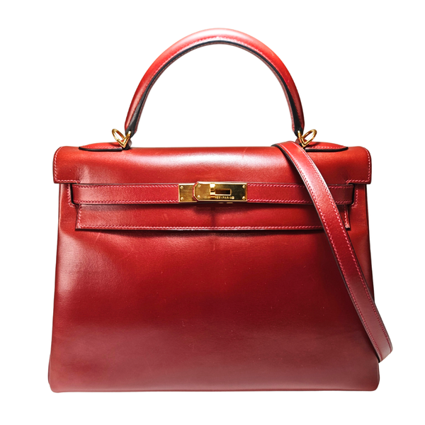 이미지를 갤러리 뷰어에 로드 , HERMES Kelly 32 Retourne Box Calf Red Square E Stamp 2001