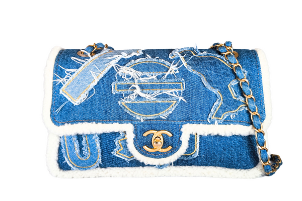 Load image into Gallery viewer, CHANEL Egyptian Hieroglyph Flap Bag Denim and Shearling Medium