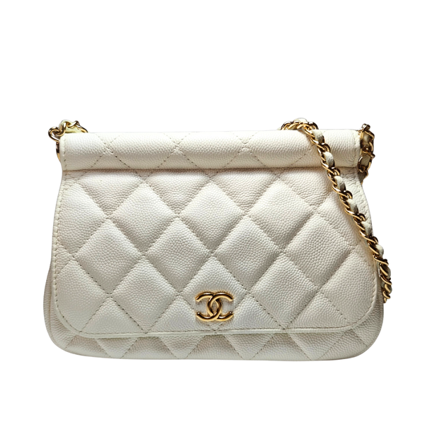 将图片加载到图库查看器,CHANEL White Quilted Caviar skin CC Frame Clutch with Chain