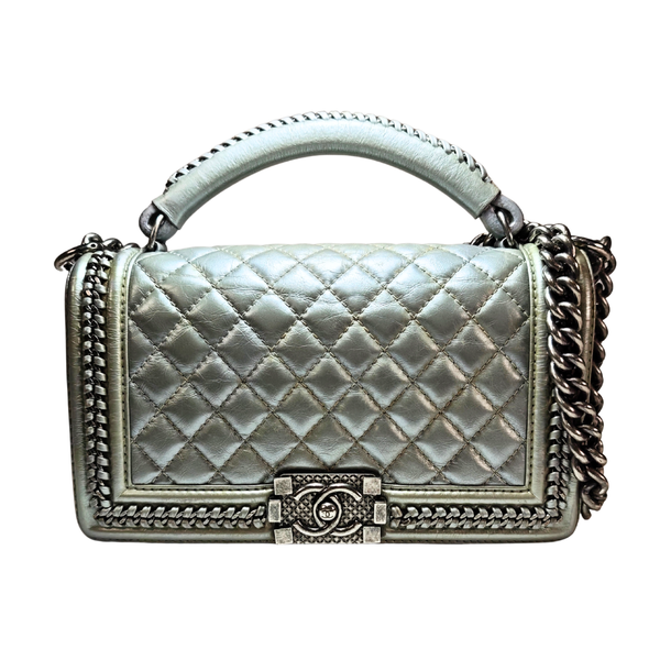 Load image into Gallery viewer, CHANEL Boy Top Handle Silver Lambskin Flap Bag