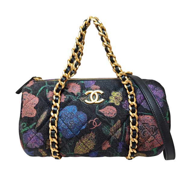 画像をギャラリービューアに読み込む, CHANEL ブラックデニム シェノンソー ボーリングバッグ ショルダーストラップ