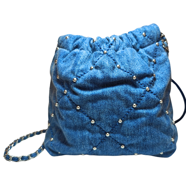 将图片加载到图库查看器,CHANEL 22 Chain Quilted Studded Denim Mini hobo bag