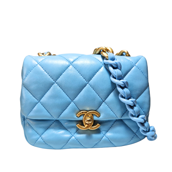Load image into Gallery viewer, CHANEL Mini Blue Quilted Lacquered Lambskin Leather Chain Flap Bag