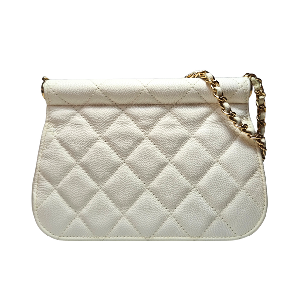 将图片加载到图库查看器,CHANEL White Quilted Caviar skin CC Frame Clutch with Chain