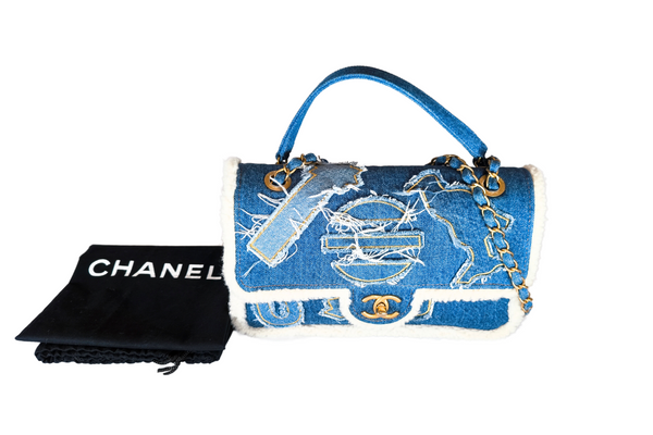 Load image into Gallery viewer, CHANEL Egyptian Hieroglyph Flap Bag Denim and Shearling Medium