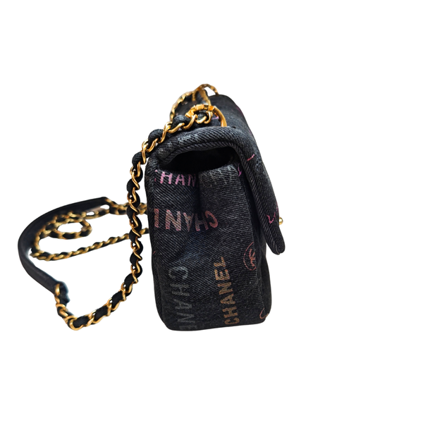 将图片加载到图库查看器,CHANEL Black Logo Printed Quilted Denim Small Mood Flap Bag Aged Gold Hardware, 2022