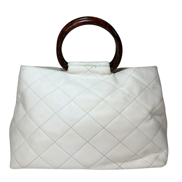 Load image into Gallery viewer, CHANEL Vintage White Caviarskin Leather Wood Handle Hand Bag