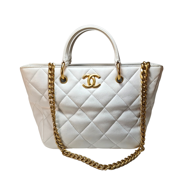 Load image into Gallery viewer, CHANEL Matelasse Calf Leather 2-Way Handbag, White with Gold Hardware
