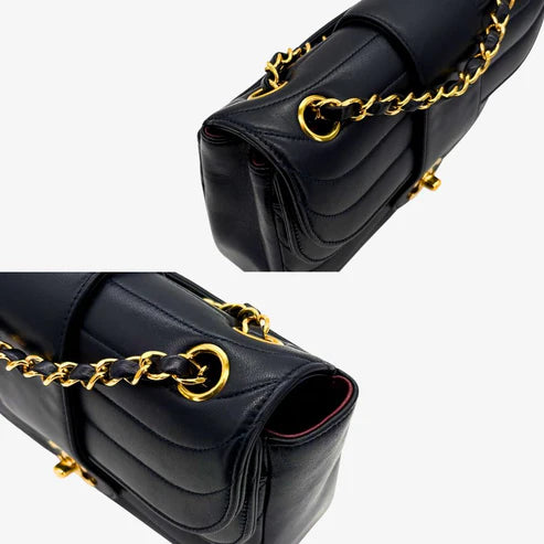 将图片加载到图库查看器,CHANEL Vintage Lambskin Horizontal Stripes Black Flap Bag