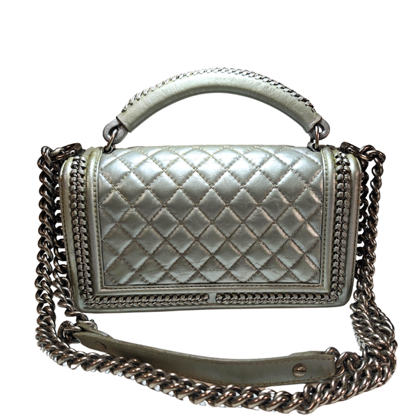 Load image into Gallery viewer, CHANEL Boy Top Handle Silver Lambskin Flap Bag