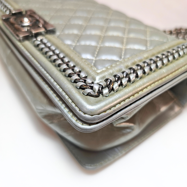 Load image into Gallery viewer, CHANEL Boy Top Handle Silver Lambskin Flap Bag