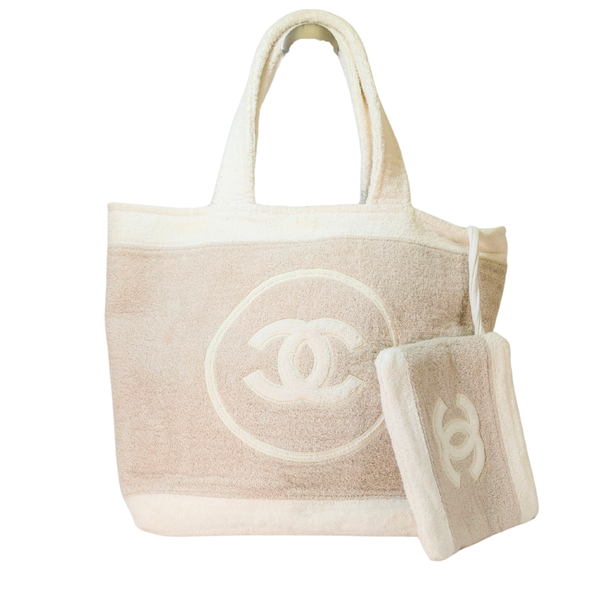 将图片加载到图库查看器,CHANEL Cotton CC Beach Tote Towel Bag Beige White