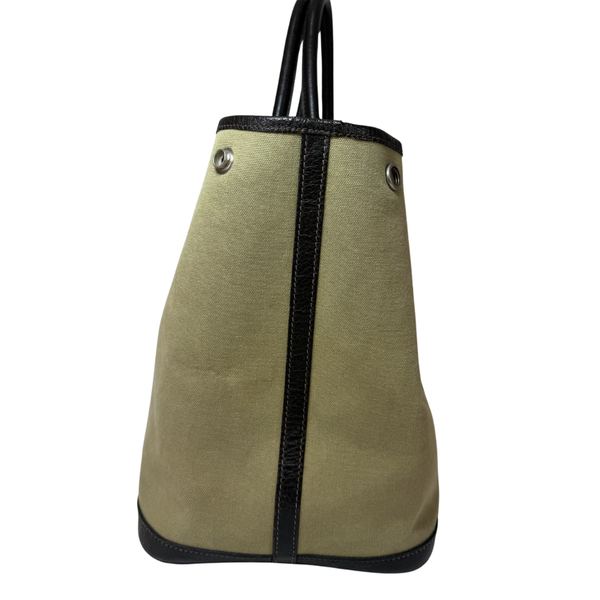 將圖片載入圖庫檢視器 HERMES Garden Party PM T Stamp Khaki Silver Hardware Toile Tote Bag