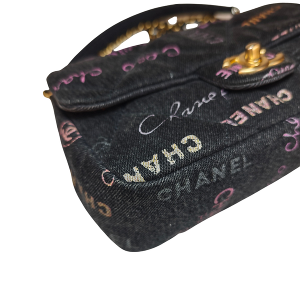 将图片加载到图库查看器,CHANEL Black Logo Printed Quilted Denim Small Mood Flap Bag Aged Gold Hardware, 2022
