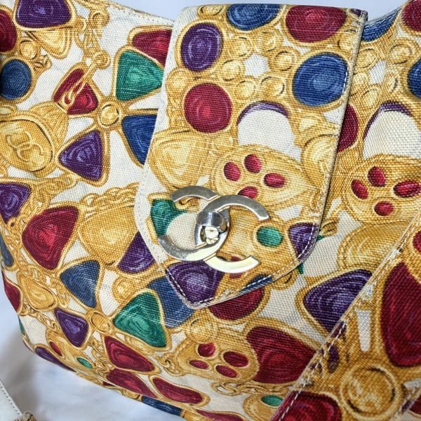Load image into Gallery viewer, CHANEL Vintage Gripoix Large Canvas and Leather Shoulder Bag 1980s