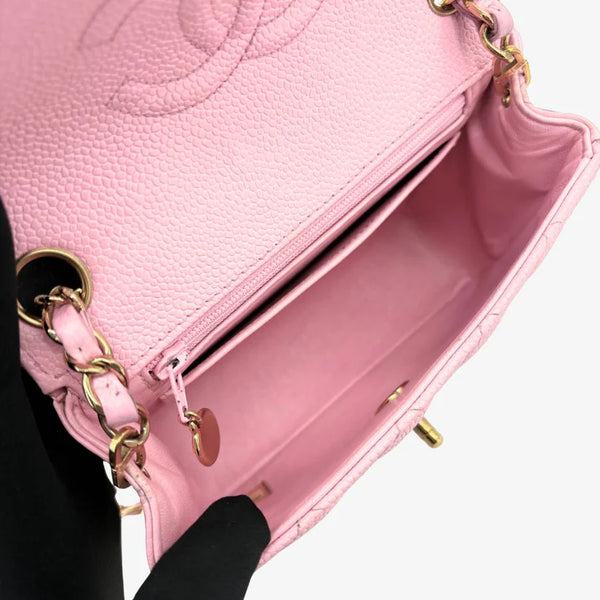 Load image into Gallery viewer, CHANEL Vintage Pink Caviar Leather 17cm Mini Square Flap Bag Gold CC Logo Hardware