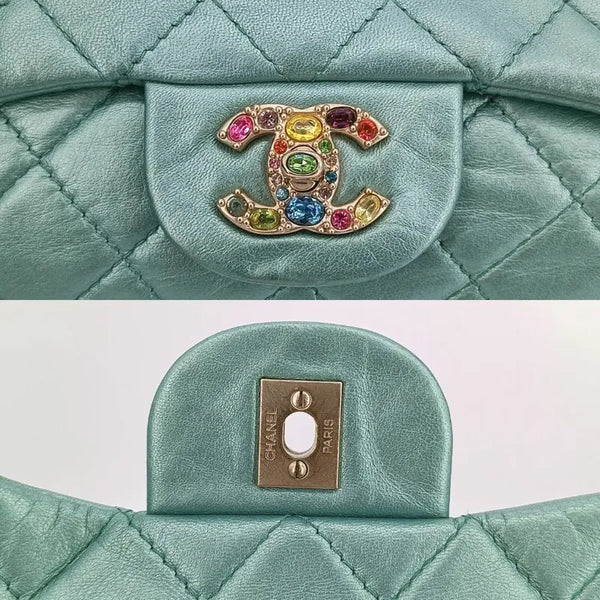 将图片加载到图库查看器,CHANEL Vintage Green Lambskin Crystal Embellished Flap Bag
