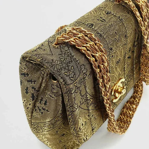 将图片加载到图库查看器,CHANEL Vintage Gold Nishijin Woven Flap Bag