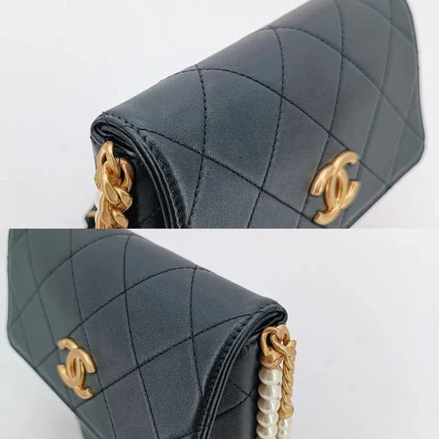 将图片加载到图库查看器,CHANEL Black Calfskin Imitation Pearls Flap Bag