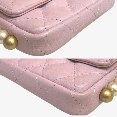 将图片加载到图库查看器,CHANEL Pink Calfskin Imitation Pearl Flap Card Holder With Chain