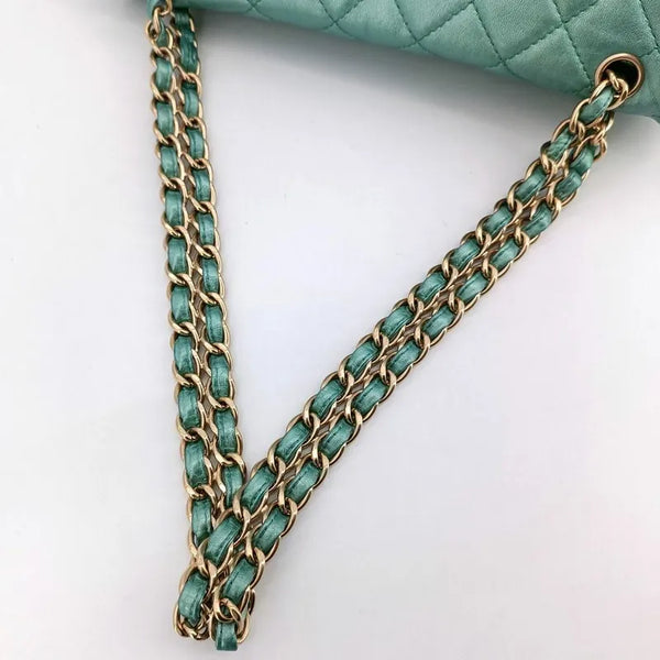 将图片加载到图库查看器,CHANEL Vintage Green Lambskin Crystal Embellished Flap Bag