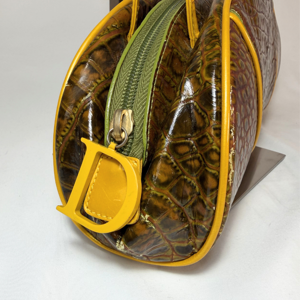 이미지를 갤러리 뷰어에 로드 , Dior Green Embossed Patent Leather Shoulder Bag Golden Dark Green