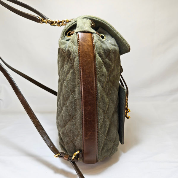 Load image into Gallery viewer, CHANEL Khaki / Brown Quilted Denim and Leather CC Backpack