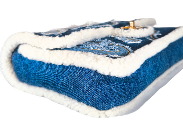 Load image into Gallery viewer, CHANEL Egyptian Hieroglyph Flap Bag Denim and Shearling Medium