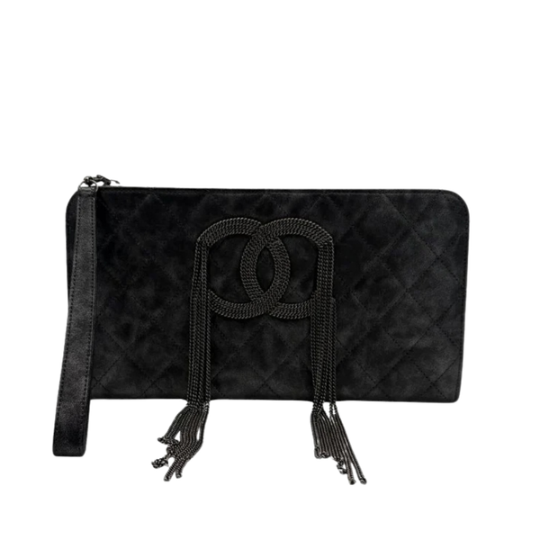 将图片加载到图库查看器,CHANEL Black Calfskin Quilted Chain CC Wristlet Clutch