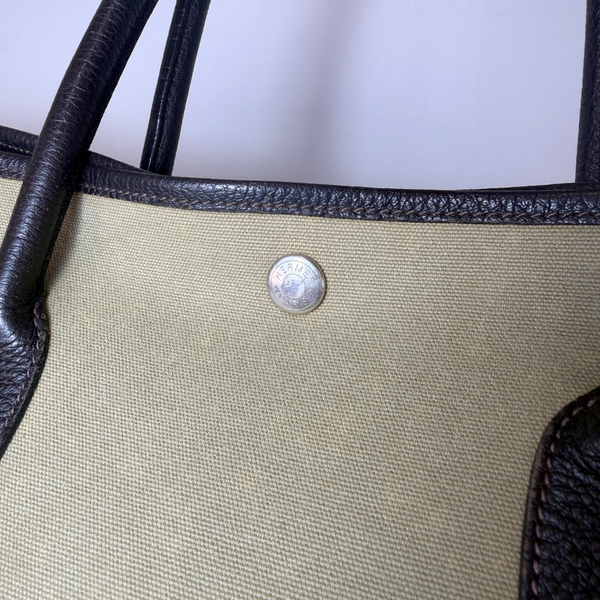 將圖片載入圖庫檢視器 HERMES Garden Party PM T Stamp Khaki Silver Hardware Toile Tote Bag