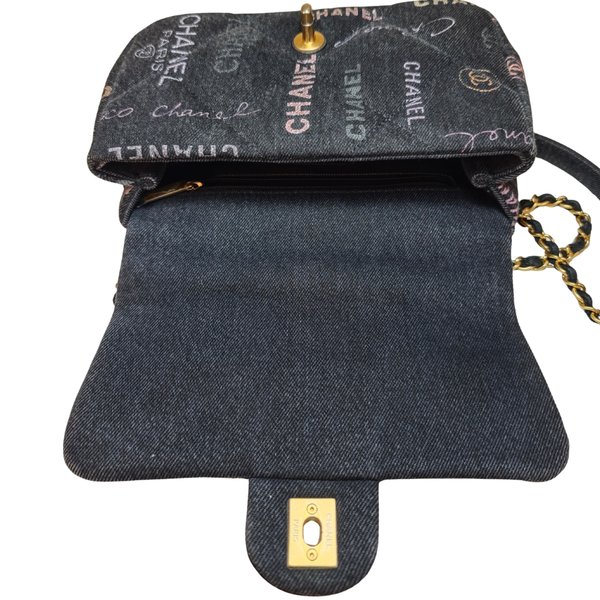 将图片加载到图库查看器,CHANEL Black Logo Printed Quilted Denim Small Mood Flap Bag Aged Gold Hardware, 2022