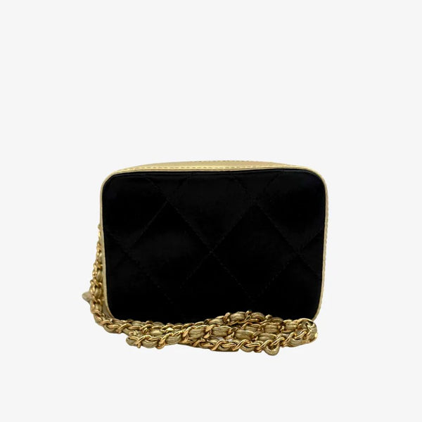将图片加载到图库查看器,CHANEL Vintage Black/Gold Satin with Lambskin Camera Bag