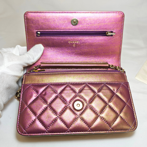 CHANEL Iridescent Purple Matelasse  Calfskin Wallet on Chain Pale Gold Hardware (WOC)