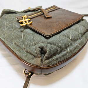 CHANEL Khaki / Brown Quilted Denim and Leather CC Backpack
