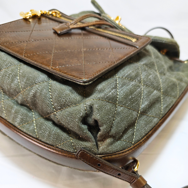 Load image into Gallery viewer, CHANEL Khaki / Brown Quilted Denim and Leather CC Backpack
